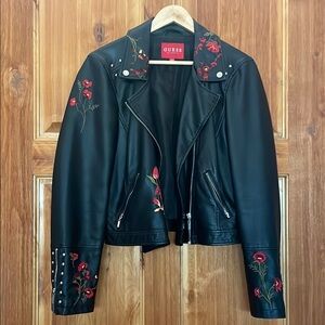 Guess Black and Red Faux Leather Moto Jacket with Floral Embroidery